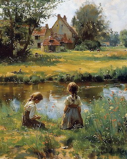 Painting of two children by a pond near a cottage in a grassy meadow