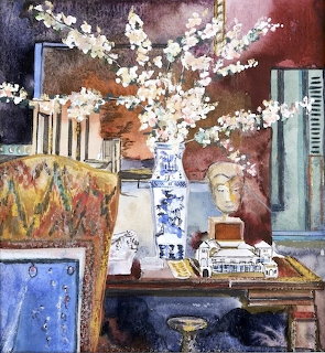 Watercolor painting of elegant interior with white flowers in blue vase on ornate table with decorative objects