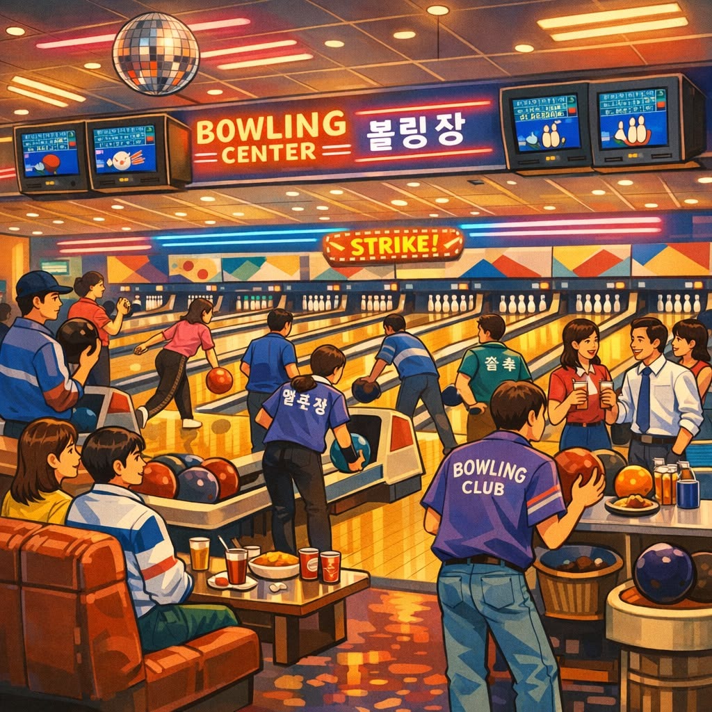 Group of diverse people enjoying bowling in a colorful retro bowling center with multiple lanes