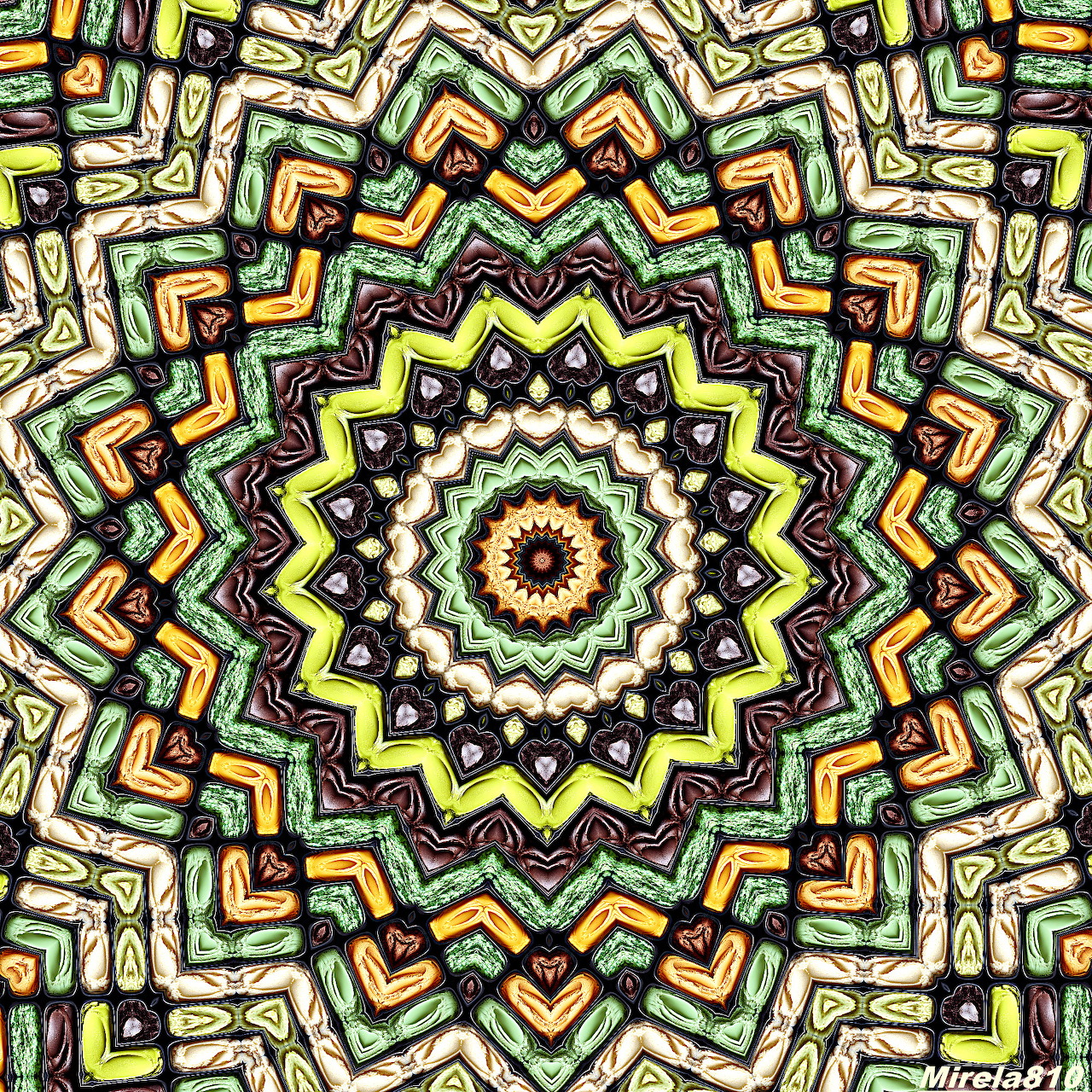 Colorful geometric mandala with symmetrical patterns in yellow, orange, teal and black radiating from center