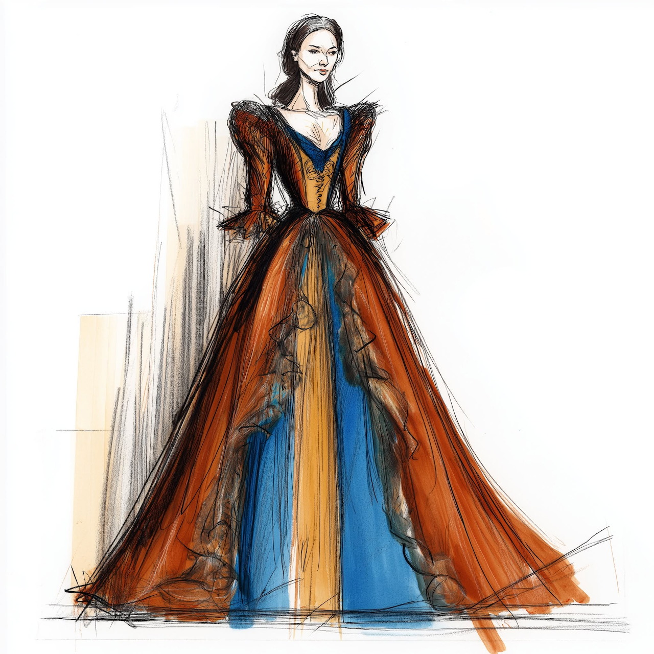Fashion sketch of woman in ornate Renaissance gown with orange and blue panels