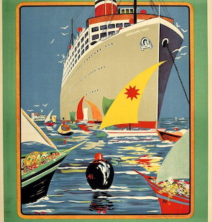 Vintage poster illustration of an ocean liner with sailboats on the sea