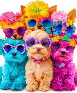 Five colorful cartoon-style puppies wearing sunglasses with flowers