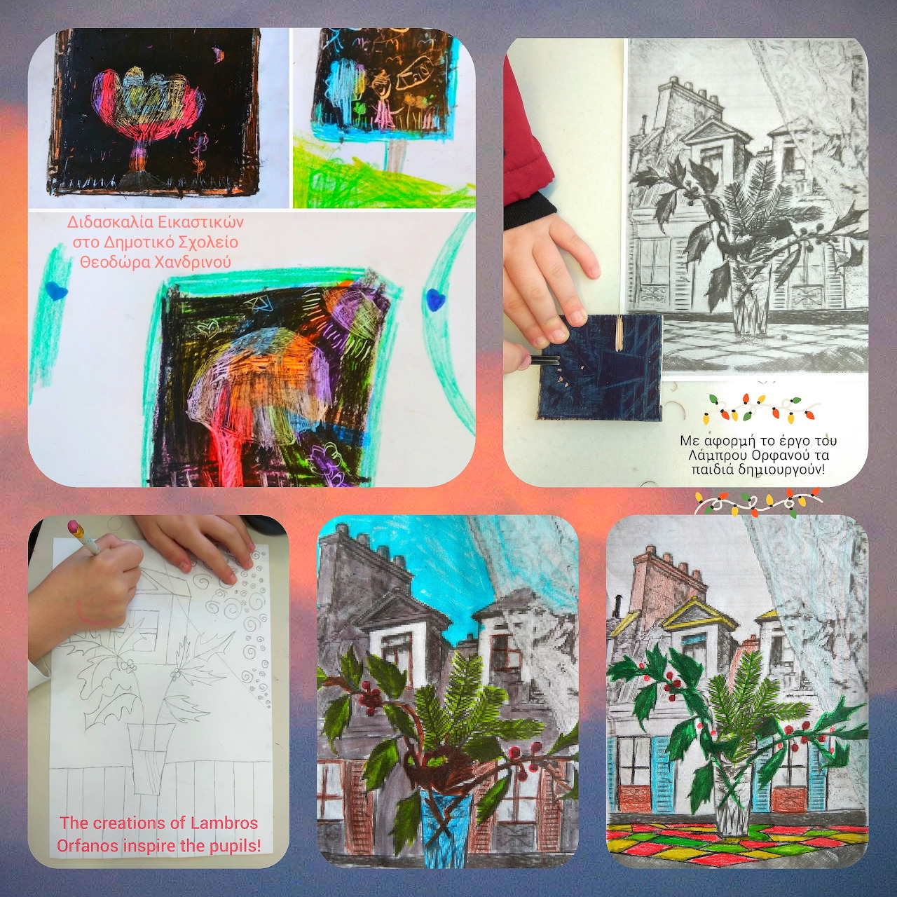 Collage of student art activities with drawings, painting stages, and hands working on paper