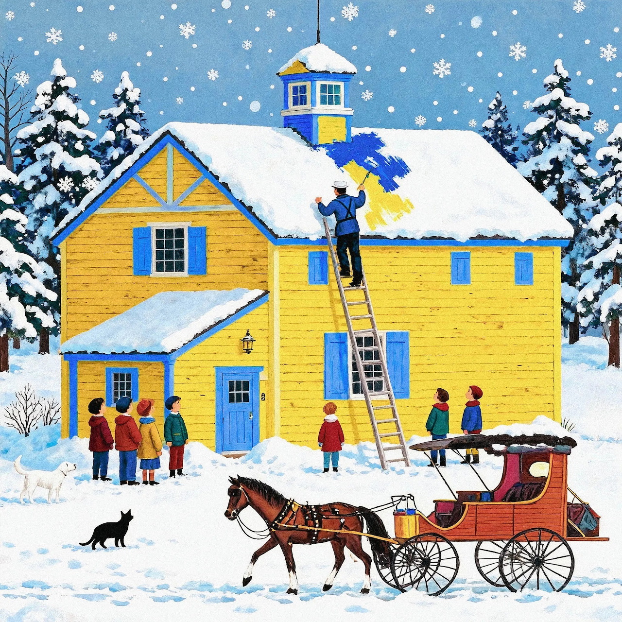Folk art winter scene with yellow house, horse sleigh, people on ladders, snow-covered trees and falling snowflakes