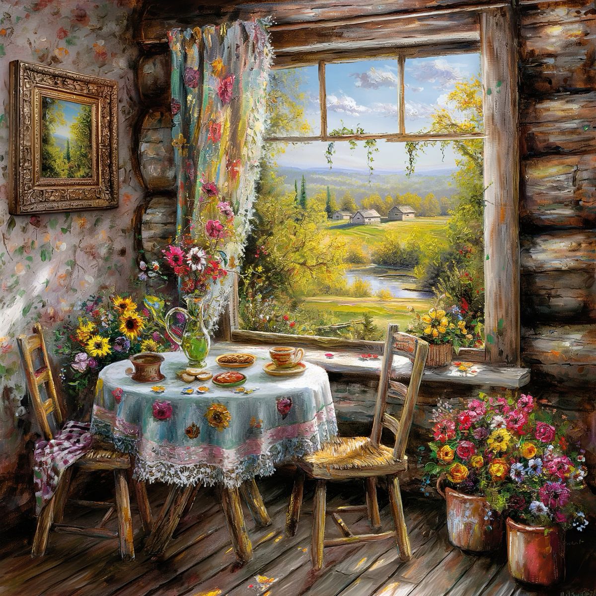 Rustic log cabin interior with window overlooking lake, flowers, small table, and autumn landscape view