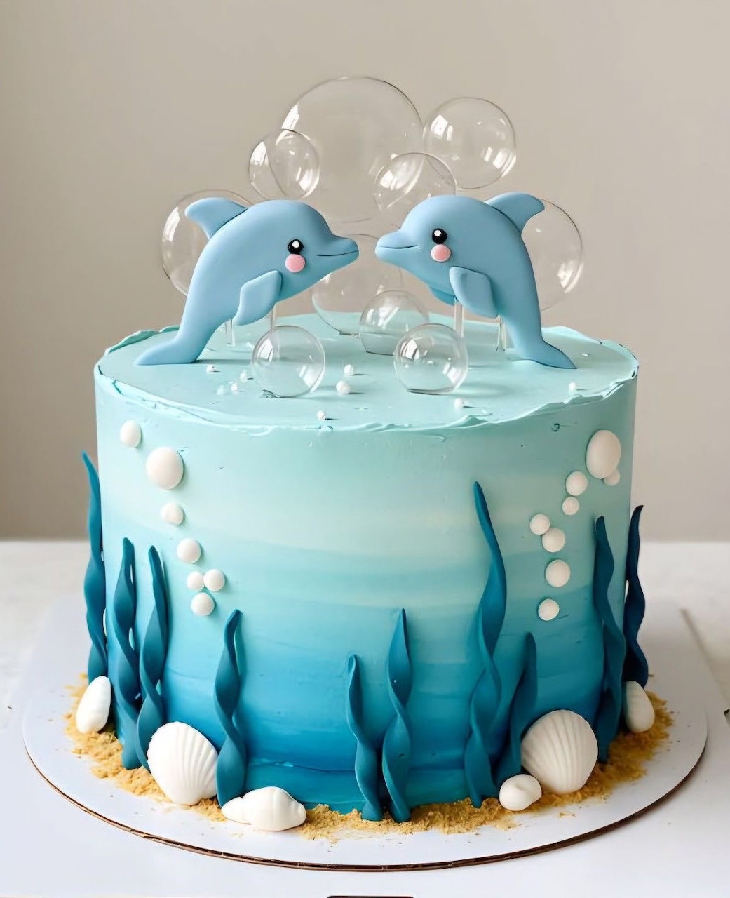 Blue ocean-themed cake with two fondant dolphins, bubles, seaweed, and shell decorations