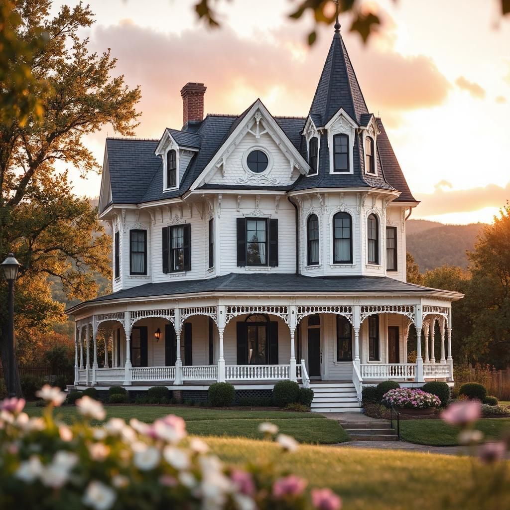 White Victorian house with turret and wraparound porch surrounded by gardens at sunset