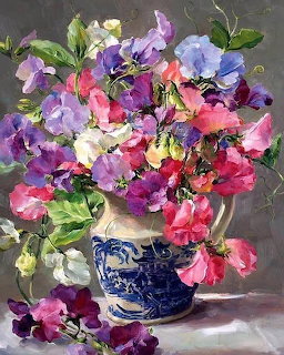 Oil painting of pink, purple and white sweetpea flowers in an ornate blue and white vase