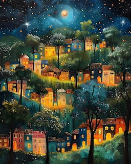Painting of glowing houses on a hillside at night under moonlight with stars and trees
