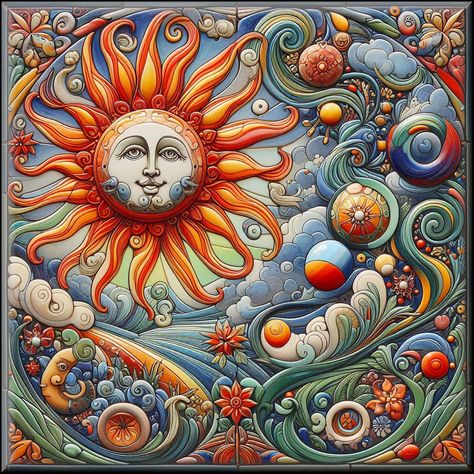 Colorful folk-art illustration of a smiling sun with orange rays, swirling patterns, spheres, and flowers