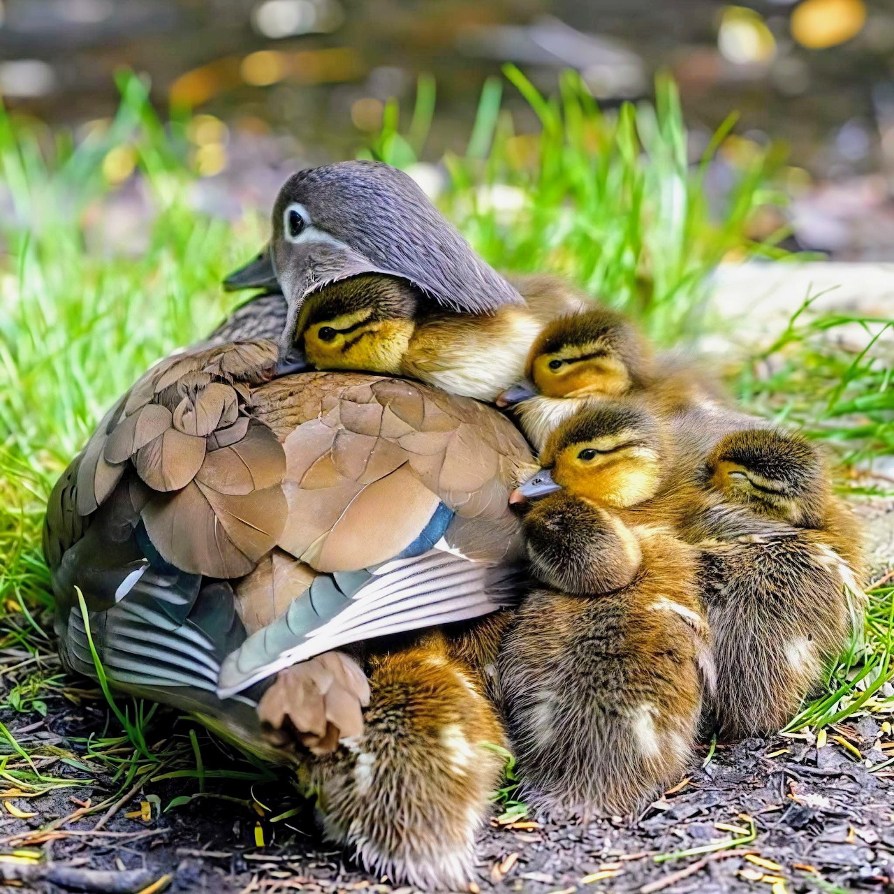 Mother duck sitting on grass with ducklings cuddled closely beside and under her wing