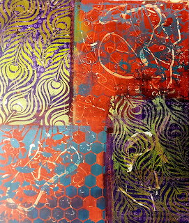 Four square panels of abstract marbled art with swirling patterns in purple, yellow, orange and blue