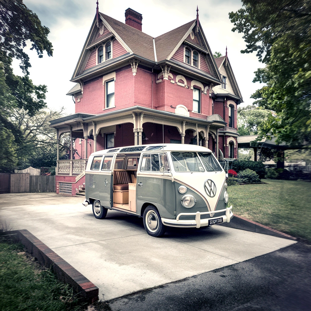 Vintage VW bus parked before a large red Victorian house with trees
