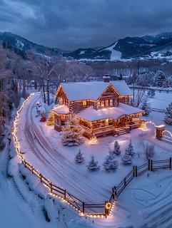 Aerial view of illuminated log cabin in snowy mountain valley at twilight