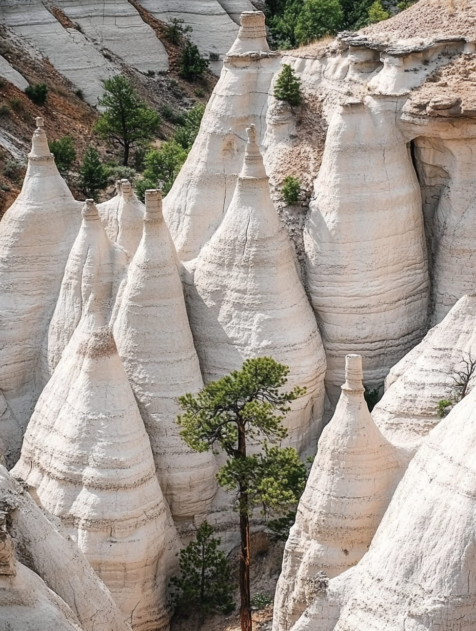 Cone-shaped white rock formations in Kasha-Katuwe Tent Rocks National Monument