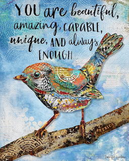 Colorful mixed-media collage bird on a branch with inspirational text on blue background