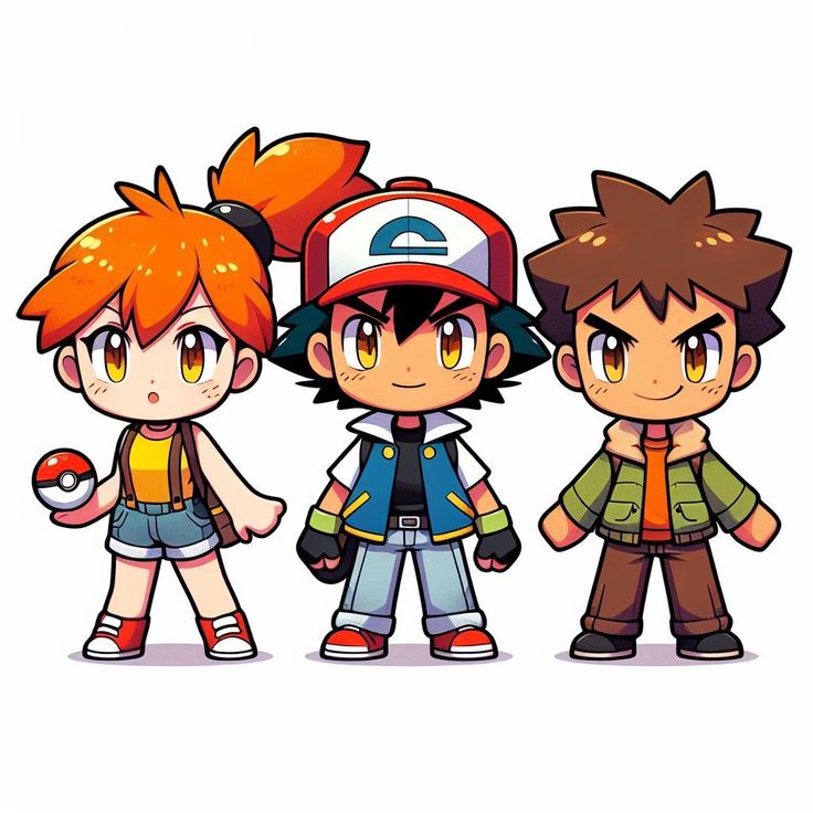 Three chibi-style Pokémon trainers with spiky hair standing side by side, one holding a Pokéball