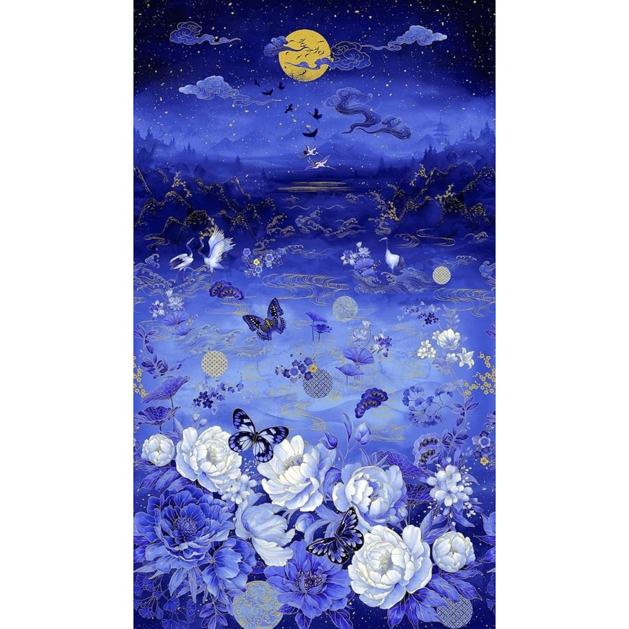 Purple fantasy panel with moon, butterflies, birds, water, and white roses