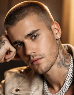 Close-up portrait of young man with buzz cut, earings, tattoos, and silver chain necklace