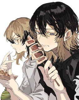 Anime drawing of two young men with dark hair eating chocolate treats against a white background