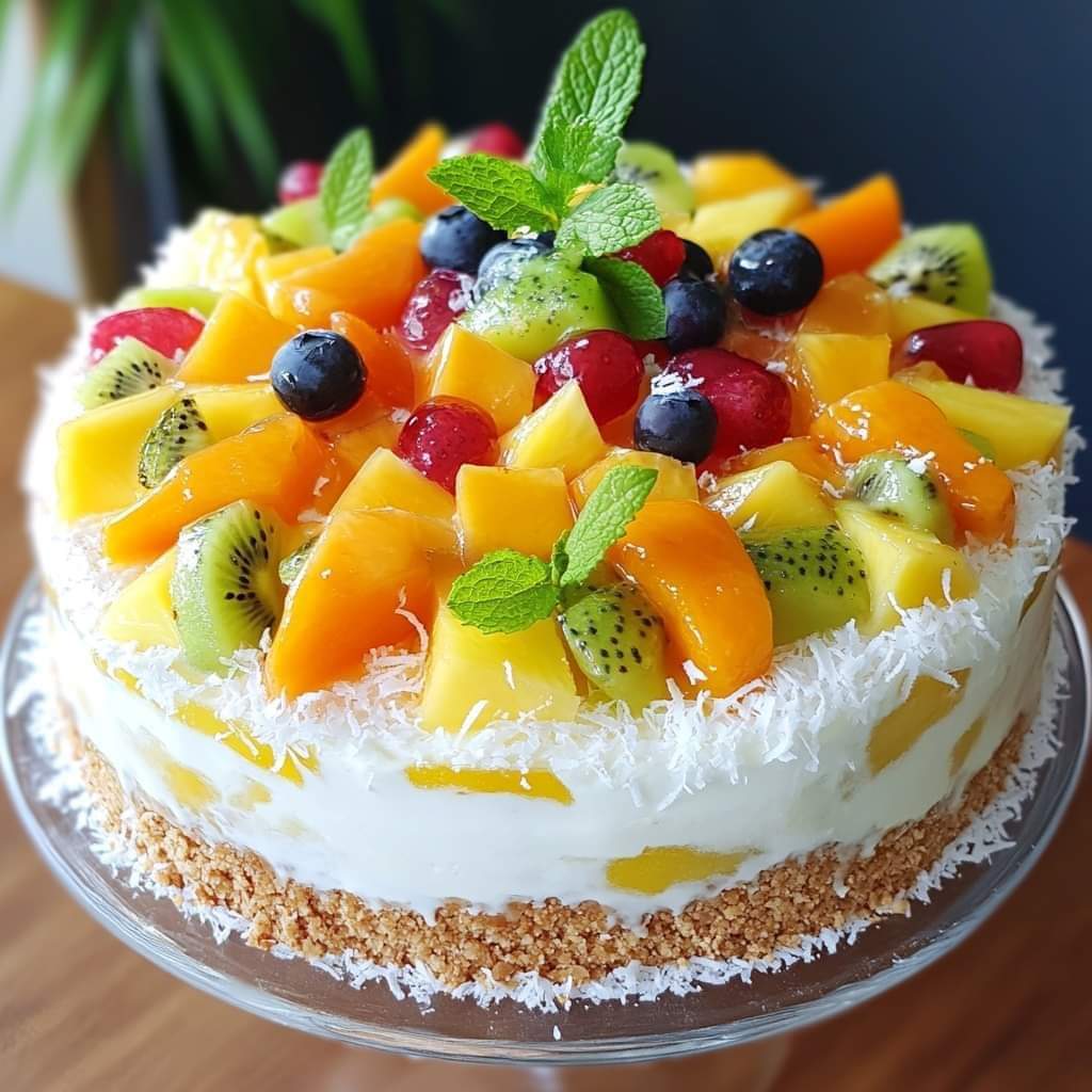 Round white cake topped with colorful tropical fruit slices including mango, kiwi, blueberries, and fresh mint leaves