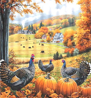 Autumn farm scene with turkeys in foreground, pumpkins, white farmhouse, and cows grazing on hillside with fall trees