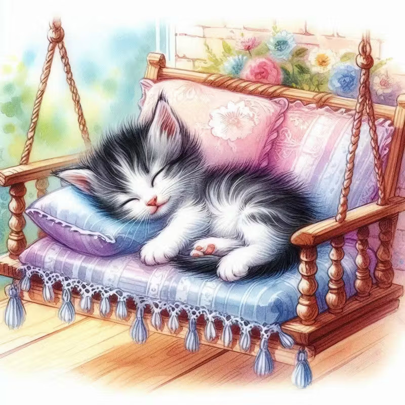 Black and white kitten sleeping peacefully on a small purple cushioned swing with decorative tassels