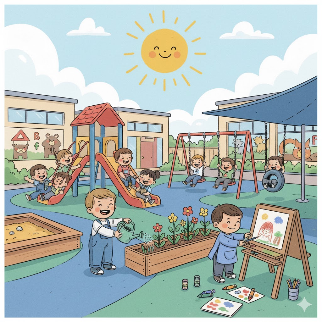 Cartoon illustration of children playing at a sunny playground with slides, swings, and sandbox