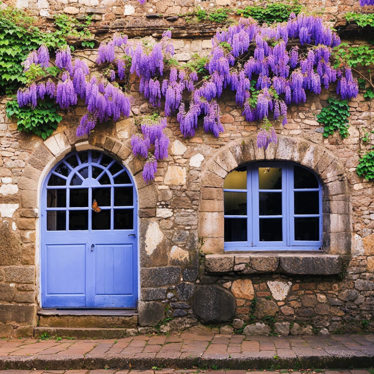 Stone cottage with purple wisteria flowers hanging above a lavender door and white-framed window