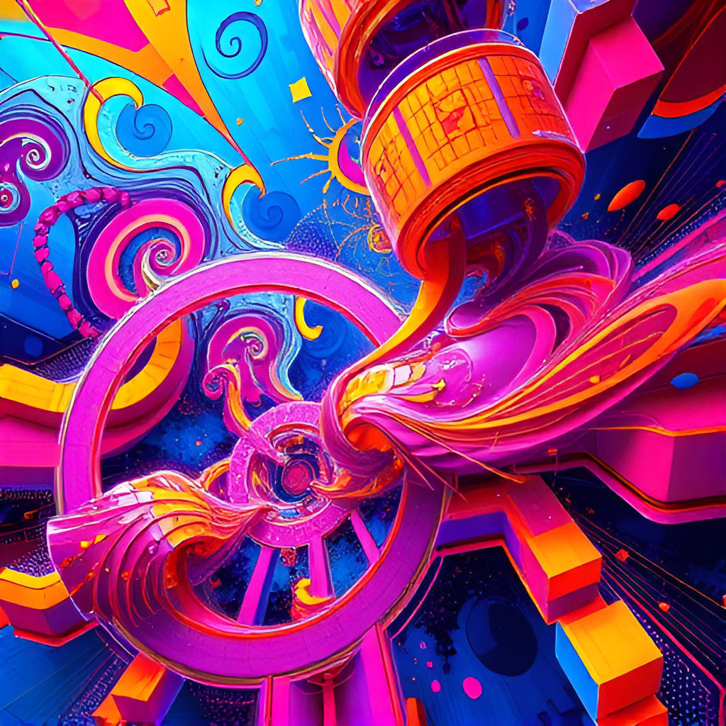 Colorful abstract artwork with swirling neon pink, purple, blue, and orange forms