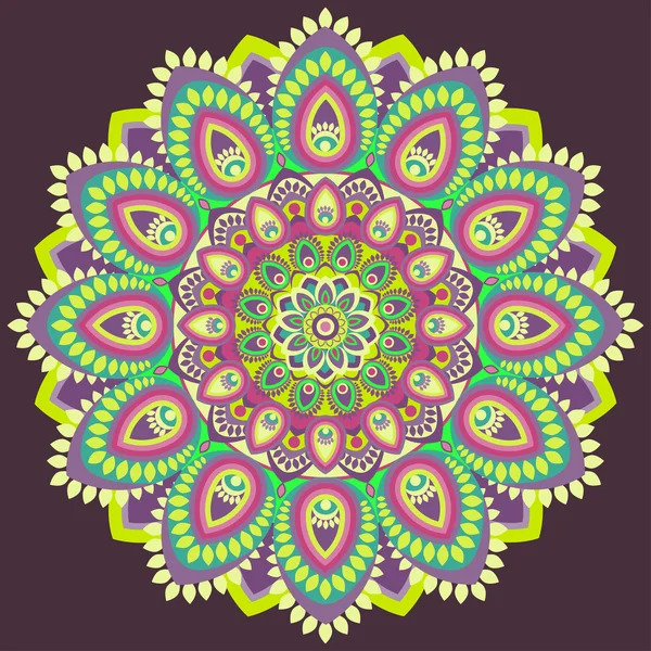 Colorful symmetrical mandala with floral and paisley patterns in pink, yellow, and green on purple background
