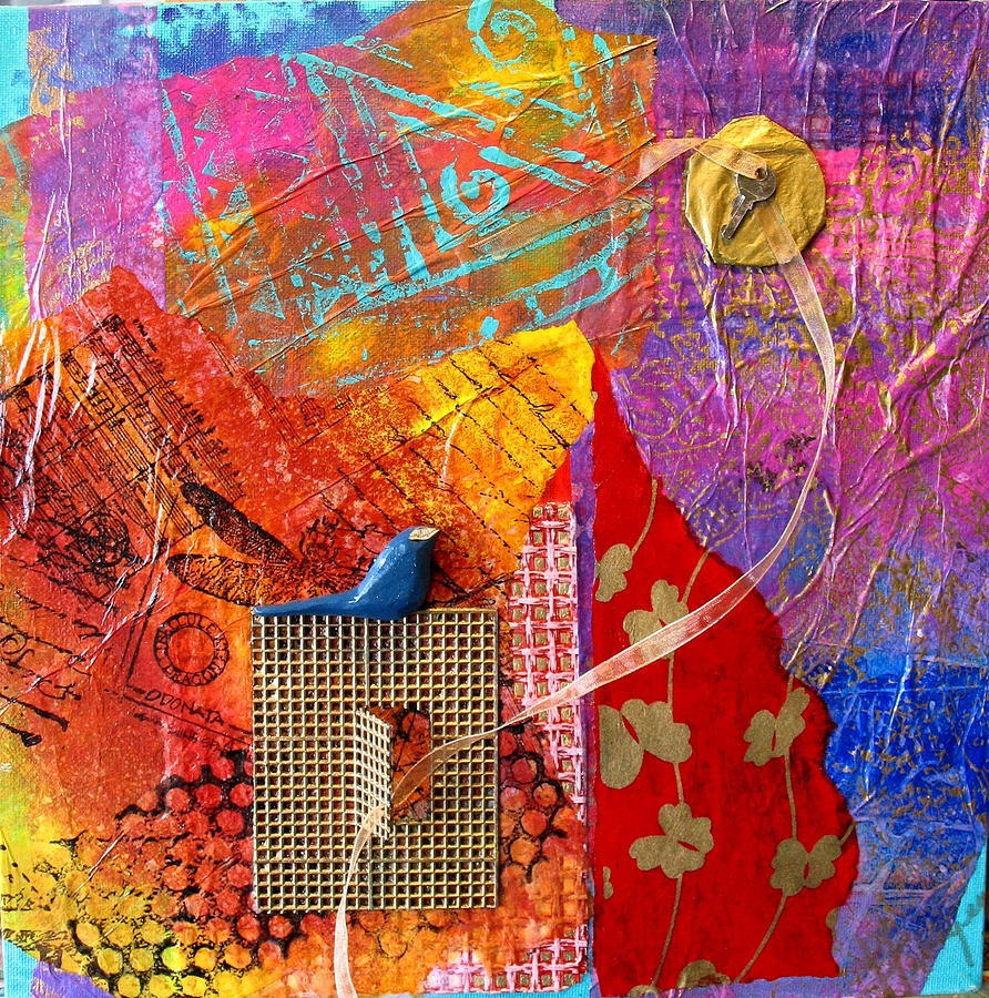 Colorful abstract collage with birdcage, botanical elements, and geometric patterns in vibrant hues