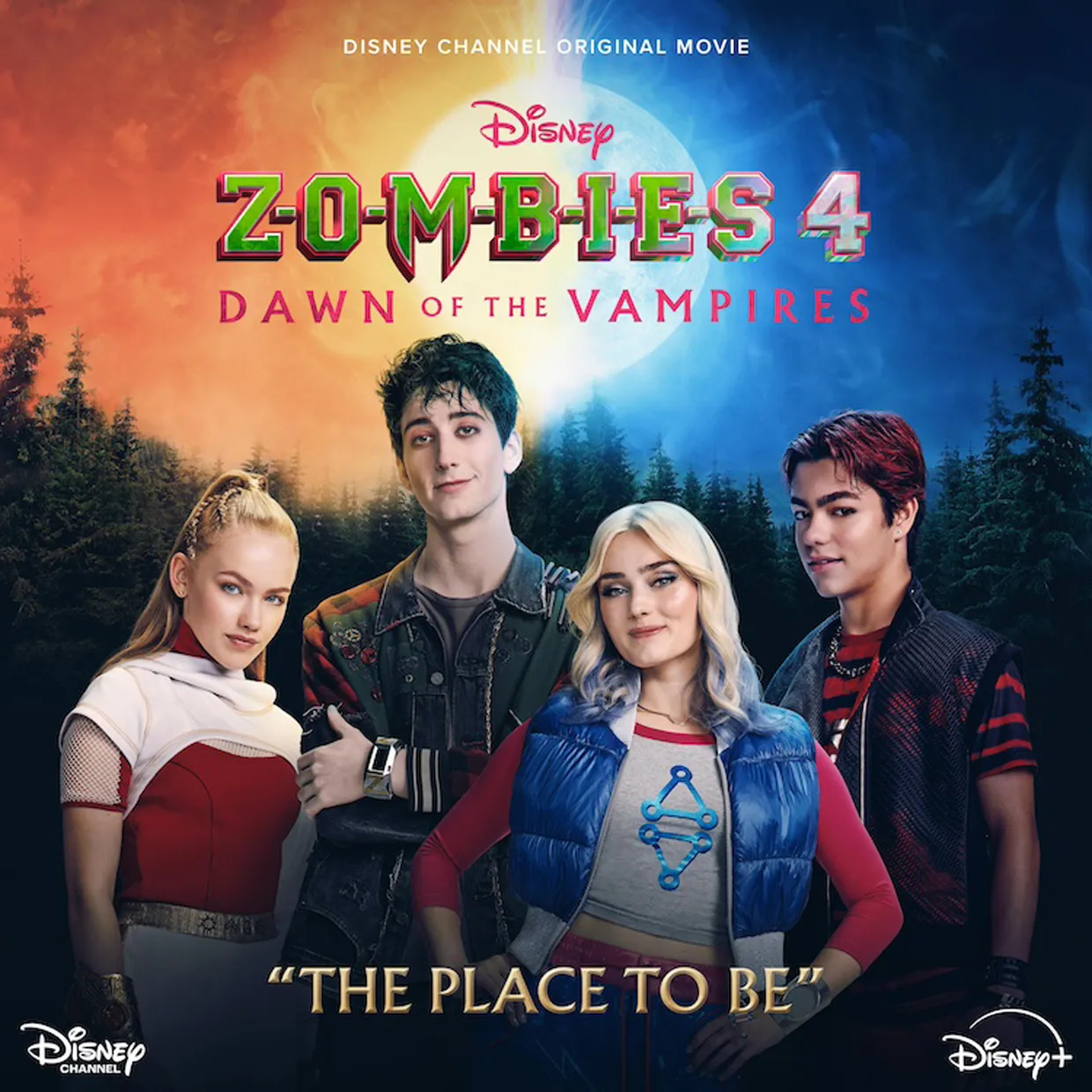 Zombies 4 Dawn of the Vampires movie poster showing four teen characters in front of sunset sky