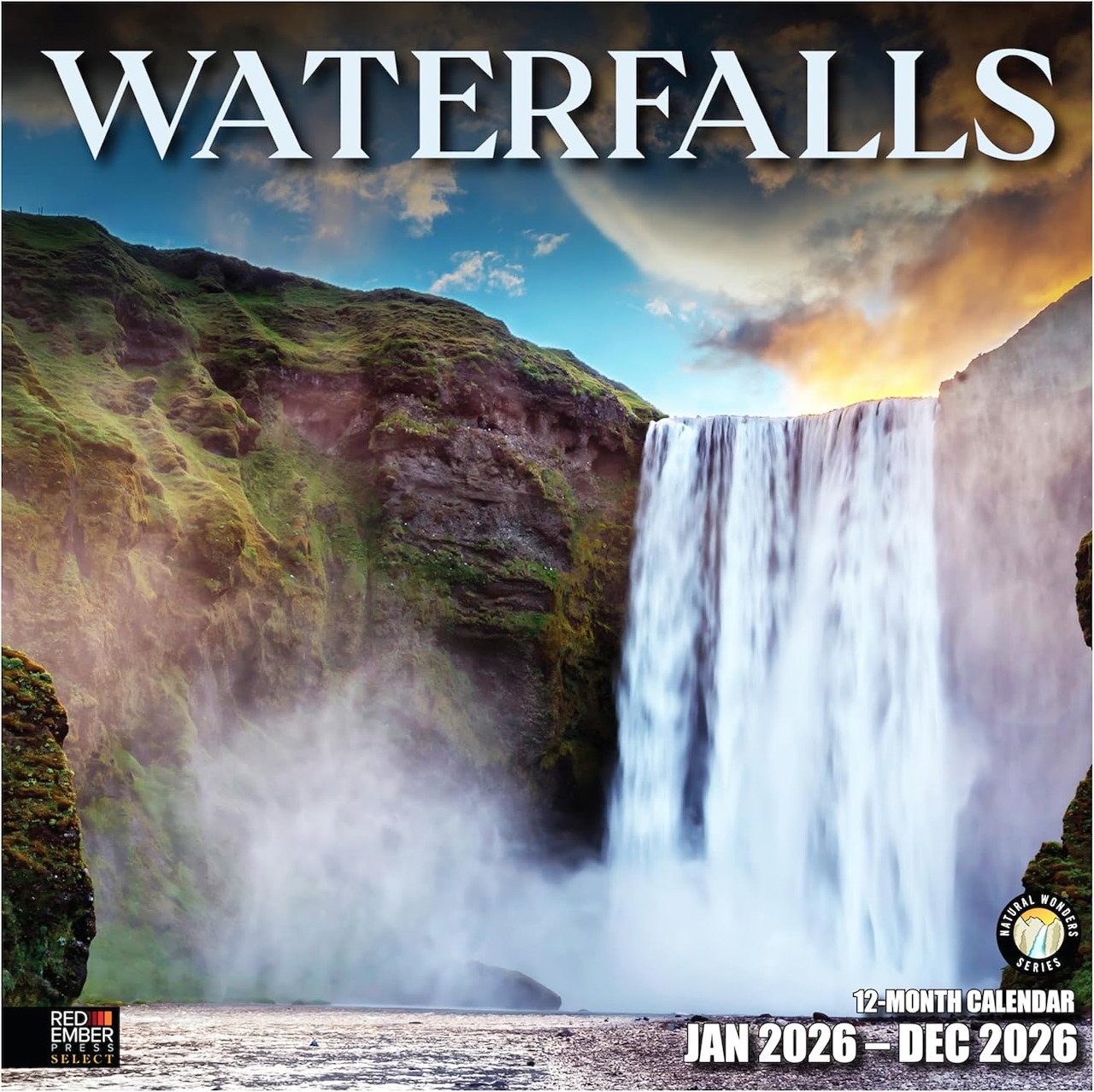 Cover image with a large waterfall between cliffs, dramatic sky, and visible calendar text