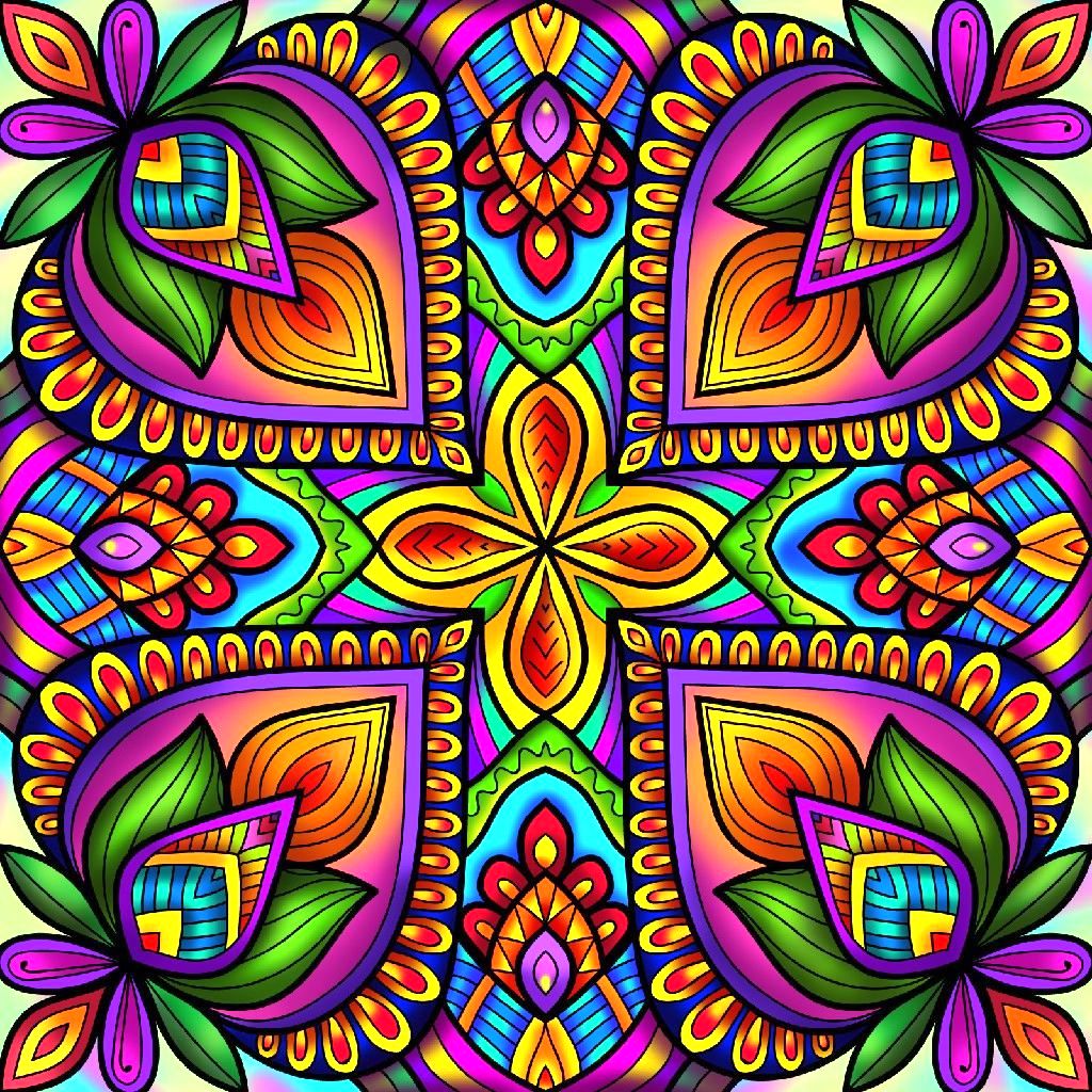Symmetrical mandala with vibrant rainbow colored floral and geometric patterns radiating from center