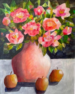 Pink coral flowers in peach vase with apples still life painting