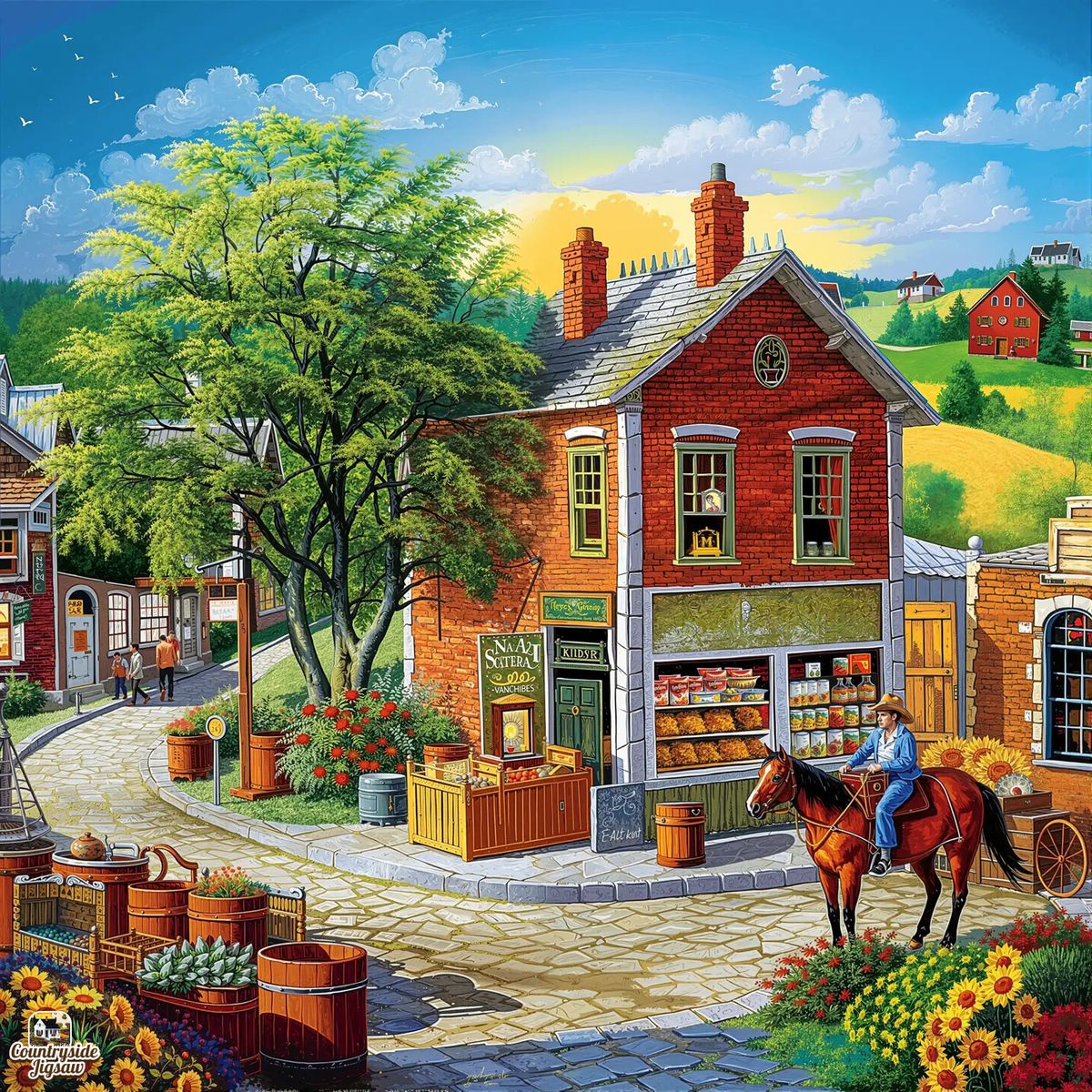 Idyllic country village with red brick general store, tree, horse and cart on cobblestone street under rainbow