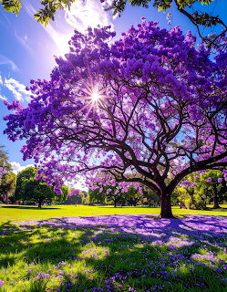 Purple flowering jacaranda tree on green grass under blue sky with sun rays