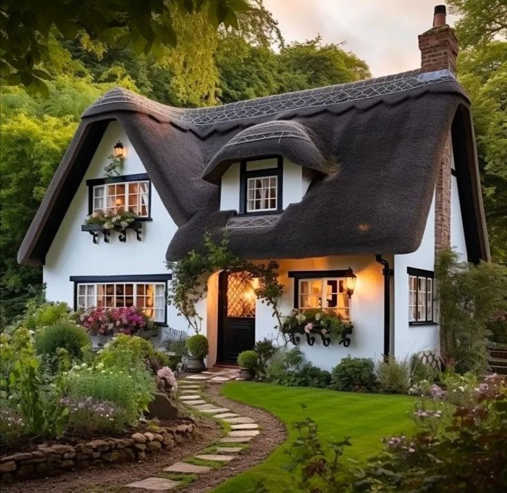 White thatched cottage with glowing windows surrounded by garden and stone path