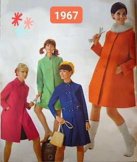 Four women in colorful 1960s coats: pink, green, blue, and orange, styled in vintage fashion