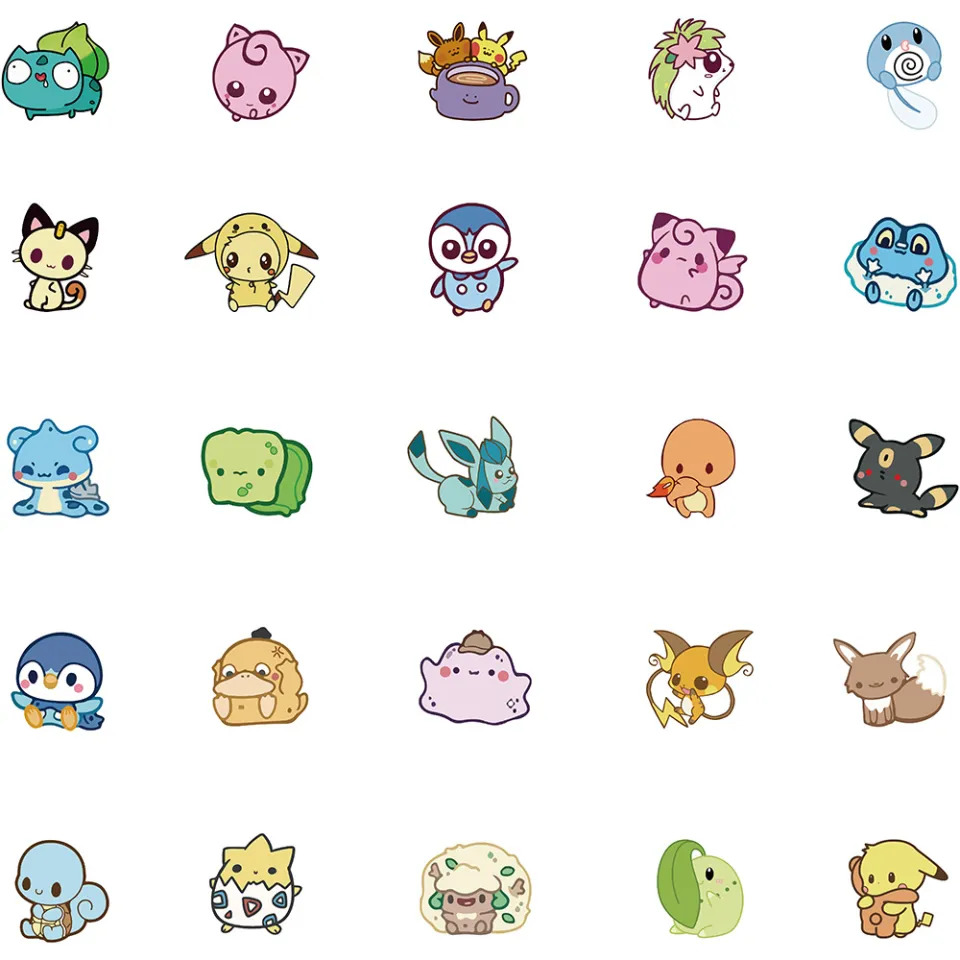 Grid of 25 cute chibi Pokémon characters in kawaii art style on white background