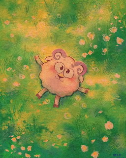 Pink cartoon sheep with horns standing in a flowering green meadow