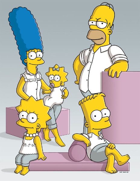 The Simpsons family: Homer, Marge, Bart, Lisa, and Maggie in a group pose