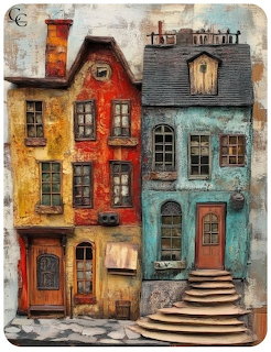 Painting of three colorful old townhouses with textured walls, windows, doors, and curved stone steps