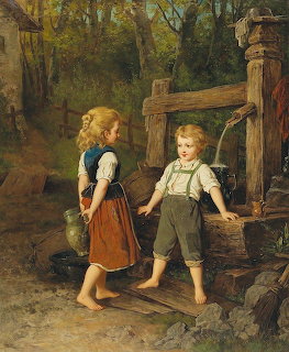 Painting of two barefoot children, a girl and boy, collecting water at an old wooden well