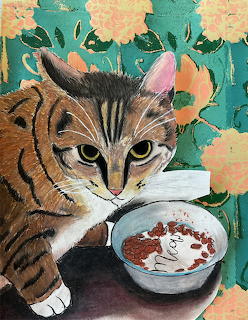 Painting of a tabby cat with its paw near a white food bowl against a floral patterned background