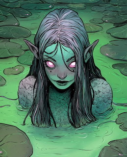 Illustrated girl with long dark hair and pointed ears emerging from green swamp water, surrounded by lily pads