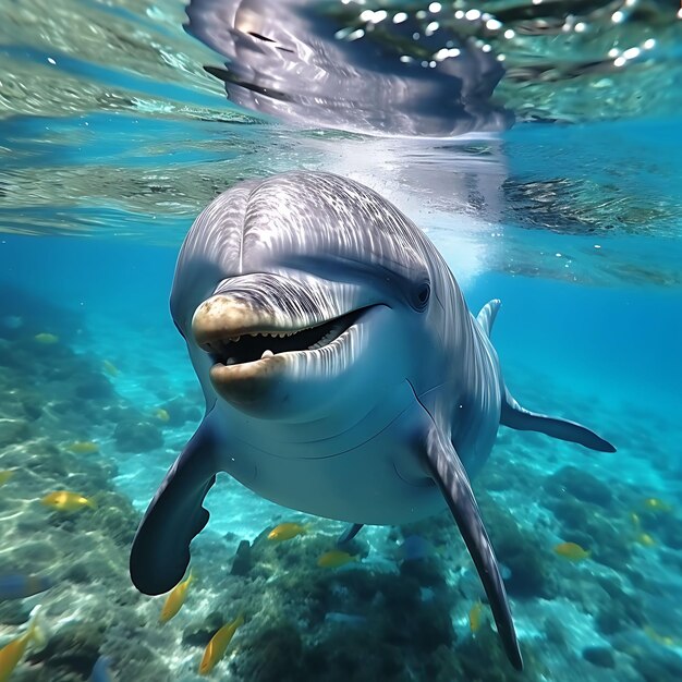 A dolphin swimming underwater in clear blue ocean with another dolphin near the surface