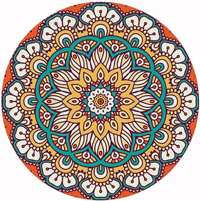 Detailed mandala with teal, orange, and gold symmetrical patterns on cream background